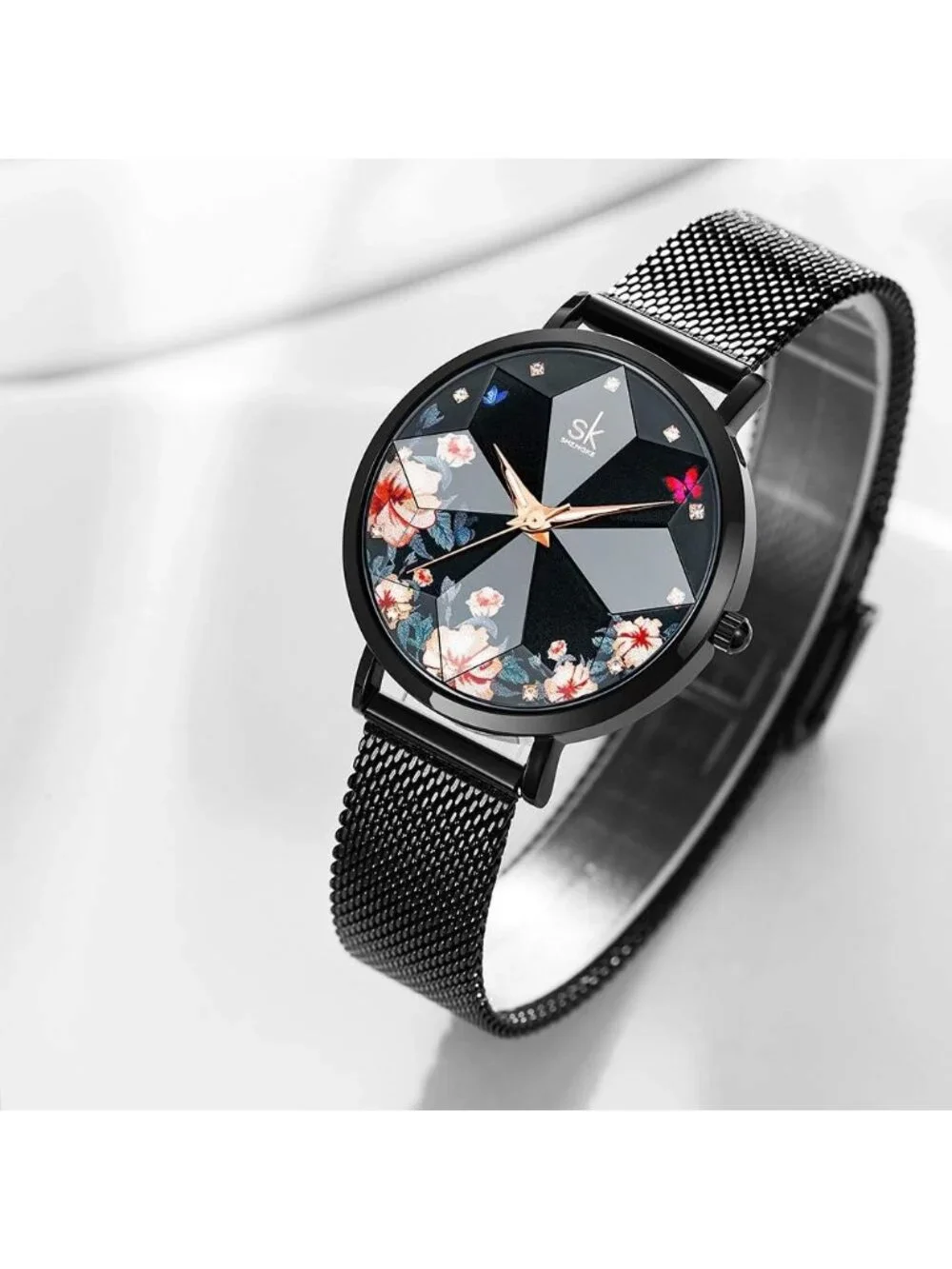 Women's Black Flower Creative Starry Sky Stainless Steel Mesh Band Wrist Watch